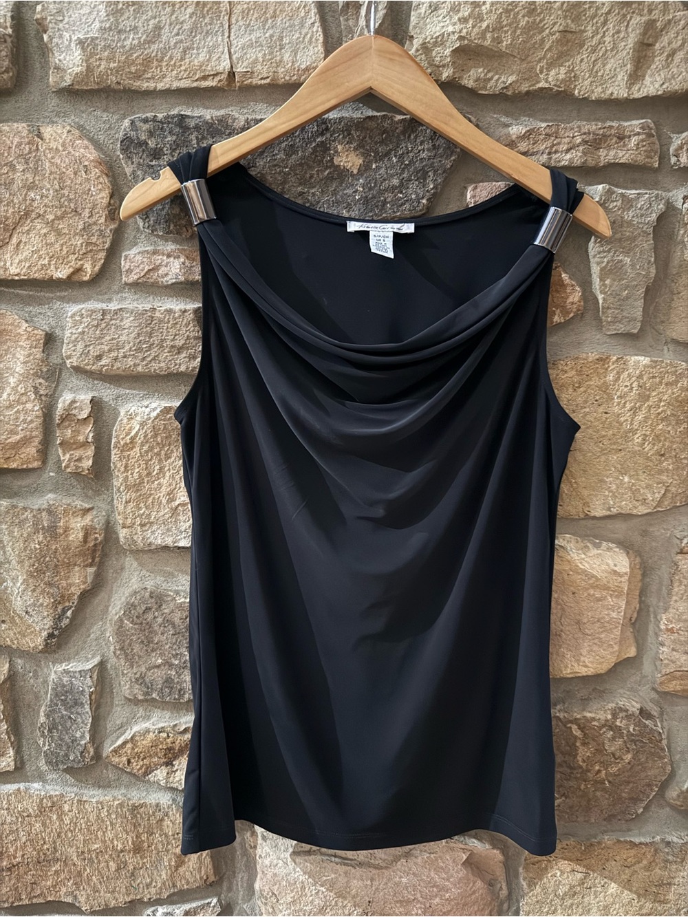 Kenneth Cole Draped Black Sleeveless Dress with Silver Accents on Straps